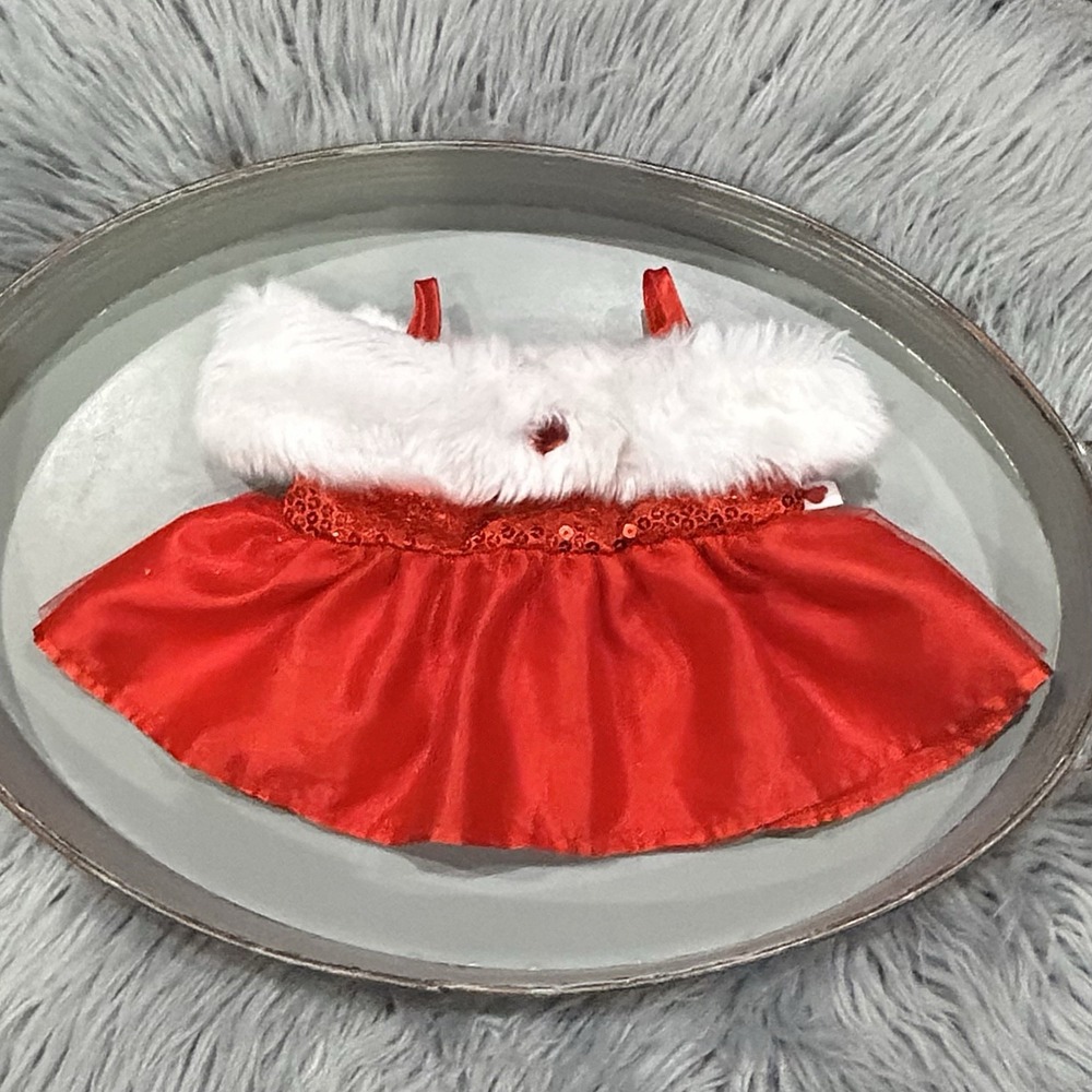 Build-A-Bear BABW Sparkly Red Gold Sequin Tulle White Fur Trim Holiday Dress